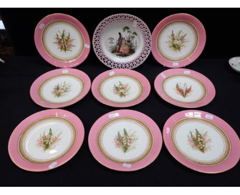 A SET OF ROYAL WORCESTER DESSERT PLATES with flower painting, and a continental plate with a pierced border