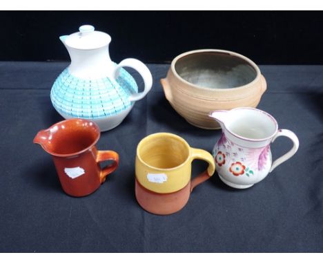 A LEACH POTTERY TWO HANDLED BOWL with a Midwinter glazed jug, Lake's Cornish Pottery mug, Sunderland Lustre jug, Denby Stonew