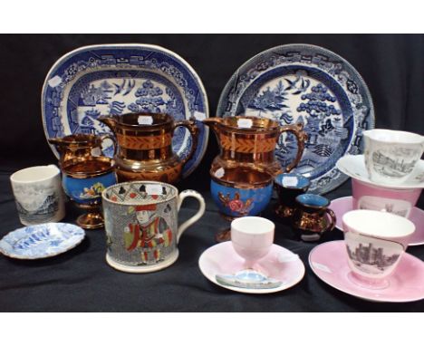 A 19TH CENTURY PLAYING CARD MUG (chipped), a Lulworth Cove souvenir mug (a/f), lustre ware and other ceramics