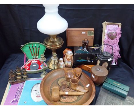A SET OF RUSSIAN DOLLS, A JAPANESE BOX an oil lamp and sundries