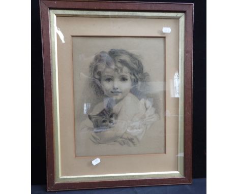 M MOGGY (?), DRAWING OF A CHILD WITH CAT Victorian, charcoal with body colour, 44 x 54 cms