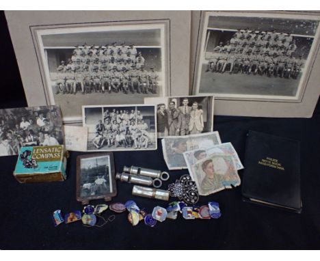 A COLLECTION OF 1950S BUTLIN'S ENAMEL BADGES two police type whistles and other items