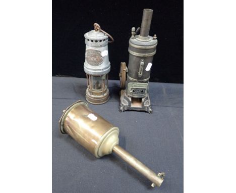THOMAS &amp; WILLIAMS CAMBRIAN MINERS LAMP Aberdare, type 9 AF No. JM with a Salter's bottle jack spit (a/f), and a toy verti