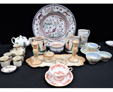 A PORTUGESE FAIENCE DISH with other ceramics including a dressing table set, Quimper tankards and Susie Cooper cups