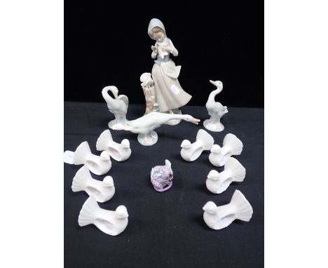 A LLADRO FIGURINE WITH LLADRO GEESE with a set of dove napkin rings and a Herend hand painted mouse