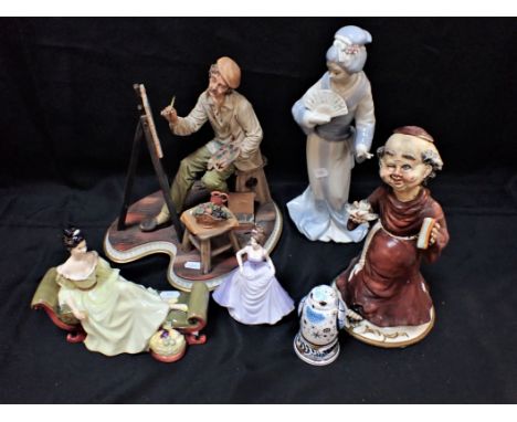 A LARGE CAPODIMONTE FIGURE OF A SEATED ARTIST (a/f), a Doulton figurine 'At ease', a Worcester Snowy owl, and other items (6)