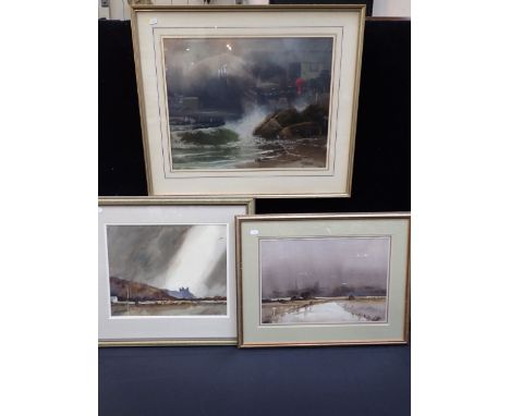 D.A. FISHER (NEW ENGLAND, U.S.A.) SEASCAPE AT TWILIGHT, RHODE ISLAND pastel/chalk (label verso); and two watercolours by E. G