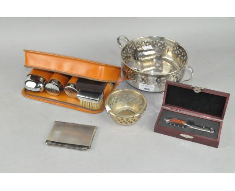 An assortment of collectables, including a Corona lighter, Two-Tix vanity set, silver plated dish and more