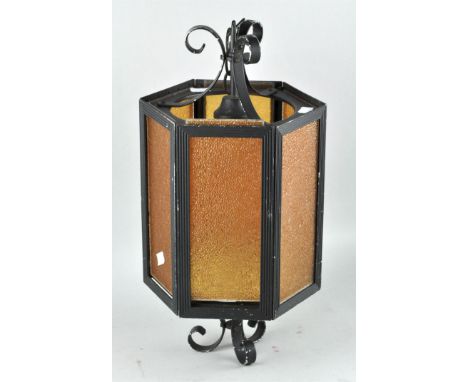 A vintage glass and metal hanging lamp, 49cm high