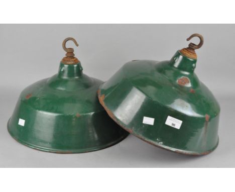 A pair of industrial enamel ceiling lights, outer colour green, inside white, 37cm diameter