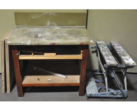 A scratch built work bench together with a folding work mate. Measures; 83cm x 102cm. 