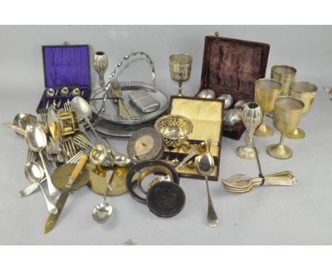 An assortment of silver plated items, including a Drambuie pewter hip flask, tray and more