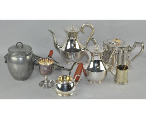 A collection of assorted silver plate, including a Victorian Mappin &amp; Webb teapot, a pewter biscuit barrel, teapot and mo