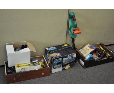 Four boxes of assorted tools, including a Black and Decker hedge trimmer, workshop 1400W pressure washer and much more