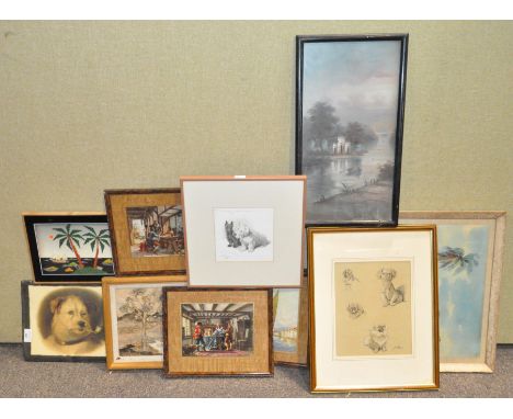 A large collection of assorted pictures and prints, to including Cecil Aldin print of two dogs, Pears soap advertising plaque