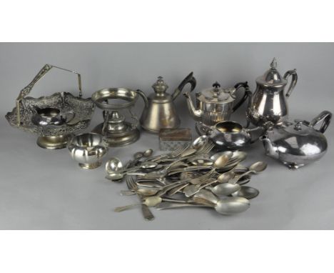 A large assortment of silver plated items, including flatware, a fruit bowl and teapots