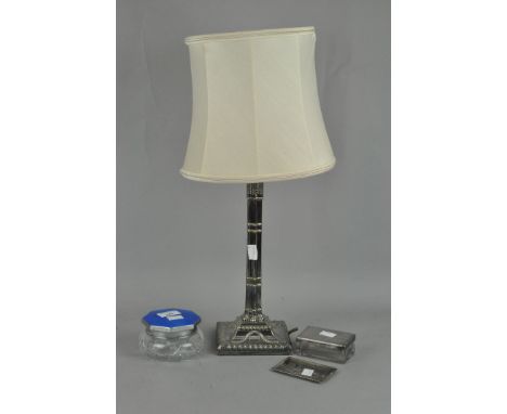 A silver plated column table lamp with shade; together with a Scottish silver pin tray, decorated with a scene of Edinburgh C