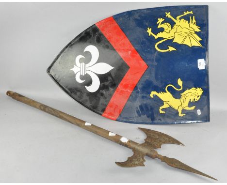 A re-enactment style shield and axe, the shield 69cm x 47cm
