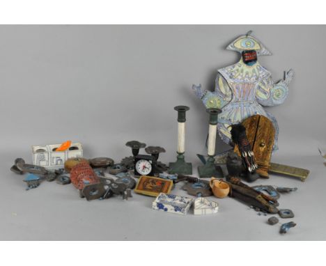 Assorted collectables, including a Marie Bertrand Edith piechaud painted puppet, a pair of candlesticks and more