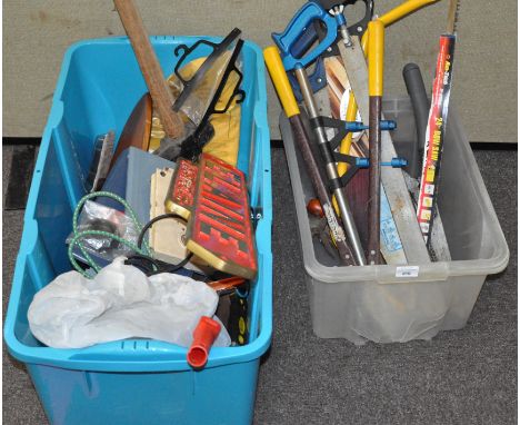 A large quantity of assorted tools, including a door lock, saw and other items