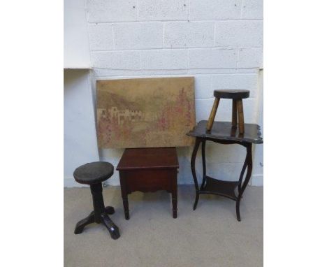 A commode, two stools, an Edwardian occasional table, and a silk-screen painting depicting a cottage garden scene.