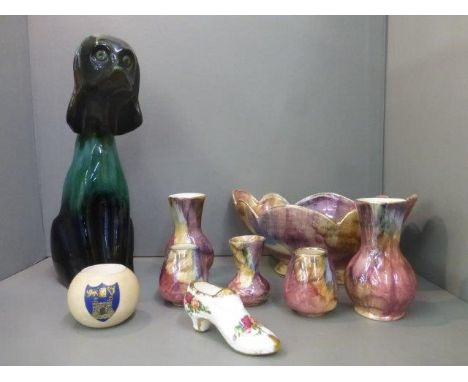 An assortment of mixed ceramics including a Carlton Ware match holder, lustreware, and a Blue Mountain style ceramic dog.