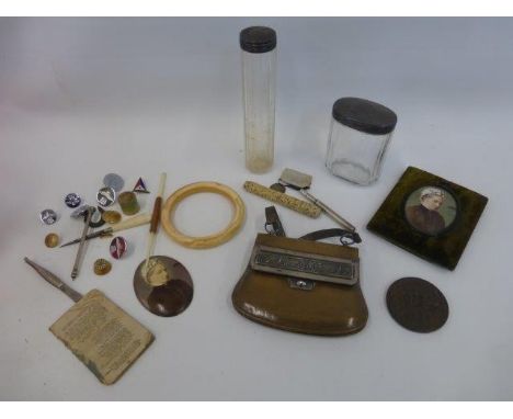 A box of mixed collectables, including silver topped jars, a ceramic miniature etc.