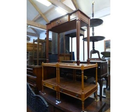 A pair of yew wood bedside/ lamp tables, and a yew wood breakfront single drawer side table, raised on square reeded tapering