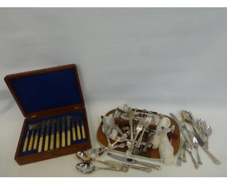 An assortment of silver plated flatware, including a cased part set of fish eaters.