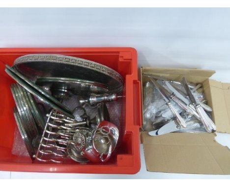 A box of assorted silver plated tableware, and an assortment of silver plated flatware.