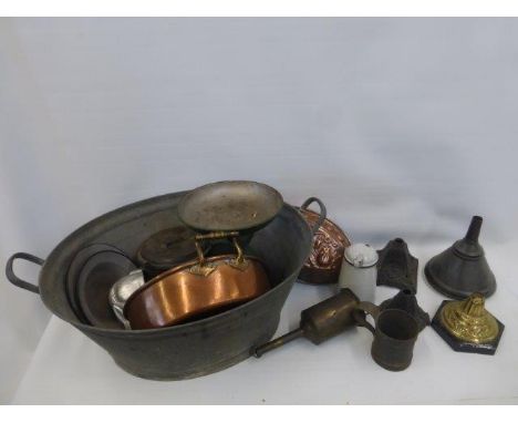 A twin handled galvanised tub and an assortment of metal ware including Victorian lamp bases.