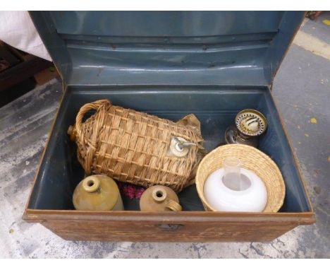 A toleware trunk, 3 stoneware jars and a brass oil lamp.