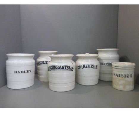 Six assorted 19th Century and later ceramic kitchen storage jars: Barley, Candied Peel, Sultanas, Currants, Rice and Raisins.