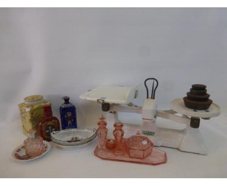 A set of enamelled Avery scales and weights, and an assortment of ceramics and glassware.
