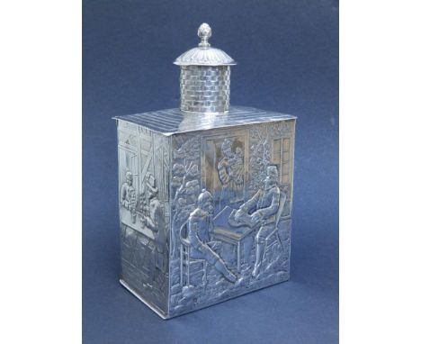 A Dutch silver tea caddy of rectangular plan, the sides embossed with rustic family groups, London import marks for 1891,  6.