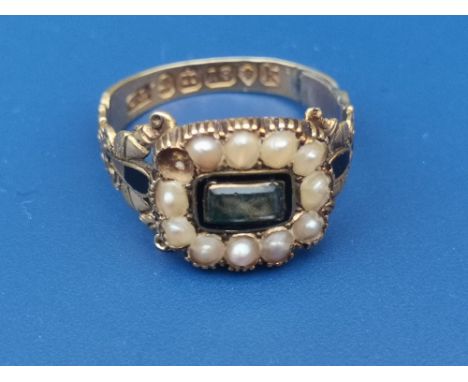 A George IV 18ct gold pearl cluster mourning ring, engraved to reverse 'Amelia Robins, Ob. 14 June 1825 aet 19', London marks