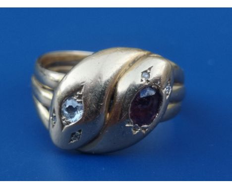 A late Victorian ruby &amp; diamond set serpent band ring, Chester marks for 1900.  Finger size R.