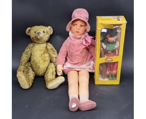 Doll:&nbsp;a vintage cloth doll in pink fur trimmed coat and hat; together with an old green straw filled teddy bear; and a P