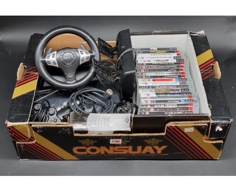 Video Games:&nbsp;a PS3 console; together with a collection of 22 games, a steering wheel, foot pedals, and 3 controllers. 