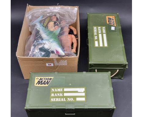 Action Man:&nbsp;a collection of c1990s action figures to include Action Man and a 'Ken' example; together with 2 kit boxes c