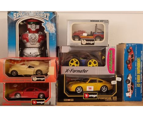 Burago:&nbsp;a Porsche 911 model car and three other similar examples; together with a battery operated 'Space Robot'; and tw