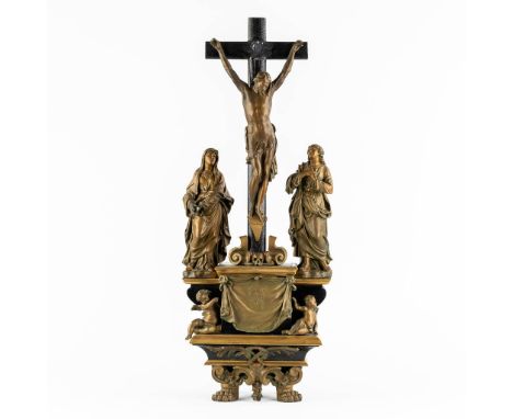 A large crucifix with a 3-piece golgotha, Veil of Veronica, patinated white clay. Circa 1900.Dimensions: (L:16 x W:29 x H:72 