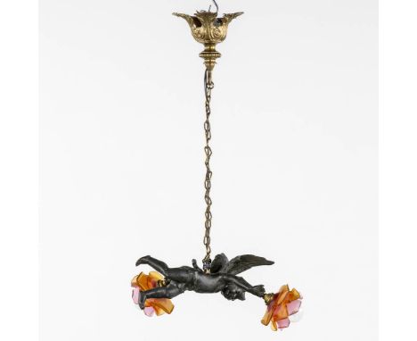 A Chandelier with a putto, patinated spelter, with 2 coloured glass lampshadesDimensions: (W:44 x H:70 cm)