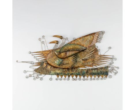 An abstract wall-mounted figurative scultpure, wrought and lacquered metal. 20th century.&nbsp;Dimensions: (W:138 x H:68 cm)