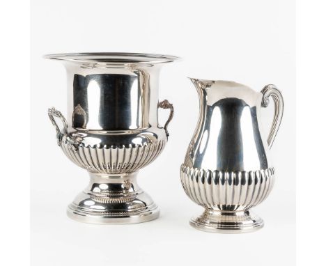 Christofle and Fleuron, a champagne cooler and pitcher. Silver-plated metal.- Champagne cooler made by Fleuron.&nbsp;- Pitche