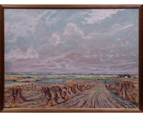 Karl Gatermann d. Jüngere (1909, Dessau - 1992, München) Heugarben unter weitem Himmel, 1949, Öl auf Hartfaser, u.r. "K. Gate