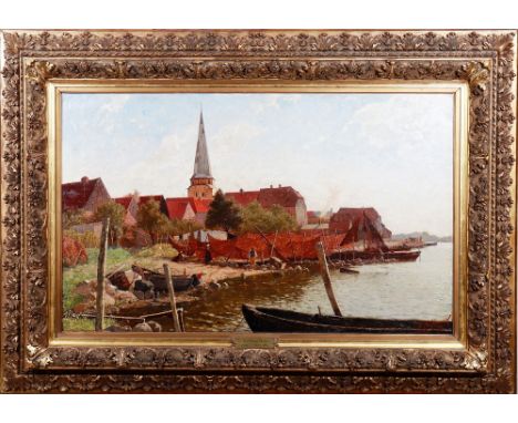 Rudolf Hellwag (1867, Innsbruck - 1942, Berlin) Alt-Travemünder Flussidylle mit dem Kirchturm von St. Lorenz im Hintergrund, 