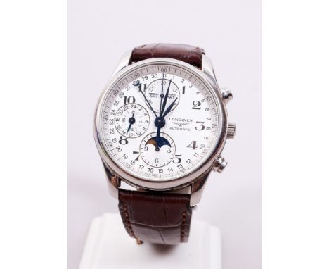 Herren-Armbanduhr, Longines Master Collection, Automatik Chronograph Edelstahl, rundes Uhrengehäuse, silberfarbenes, guilloch