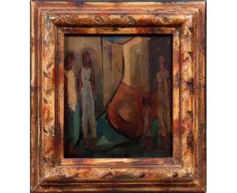 Unbekannter Künstler (tätig Mitte 20.Jh.) Öl/Malpappe, expressionistische Personengruppe vor Gebäuden, u.r. sign. "R. Thompso