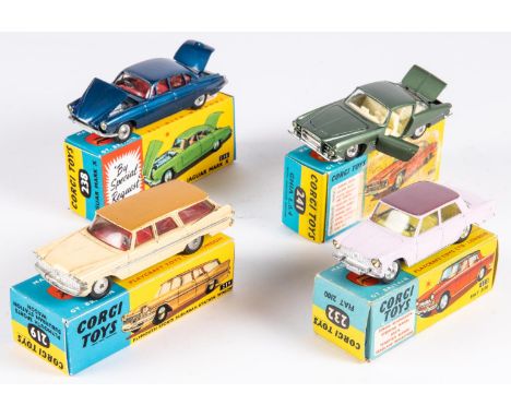 4 Corgi Toys. Fiat 2100 (232). In pink with purple roof. Ghia L.6.4 (241). In metallic green. Together with two unboxed: Plym